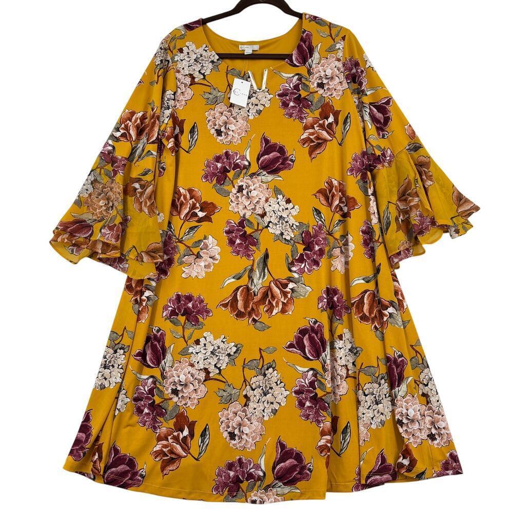 CATO C Est. 1946 Shift Dress Size 14/16W‎ Gold Floral Boho Bell Sleeve Lined